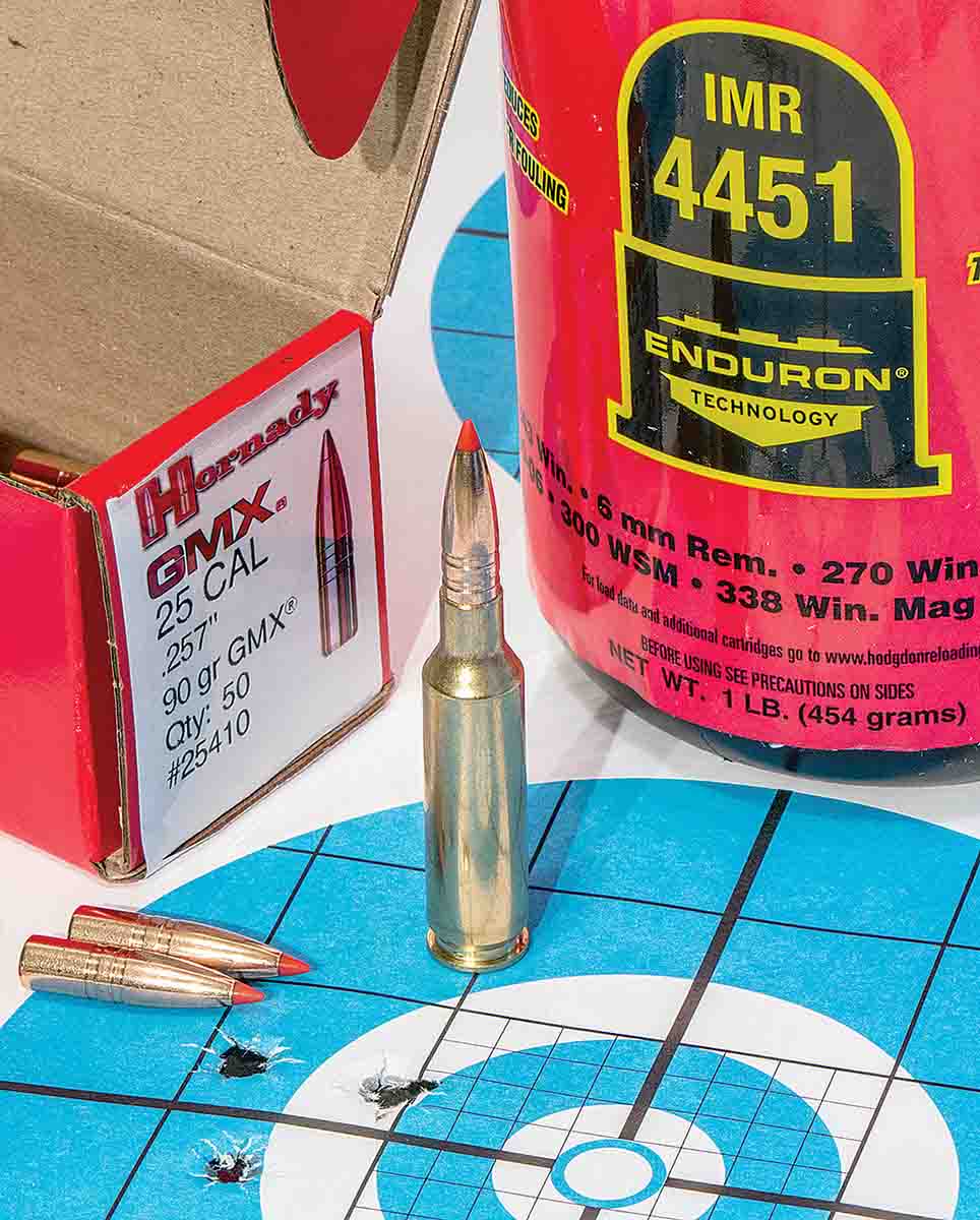 One of the most promising loads in the .257 Wildcat was the 90-grain GMX. With the combination of its high velocity and moderately high BC – for a .257-caliber bullet – this should make a great big-game load.